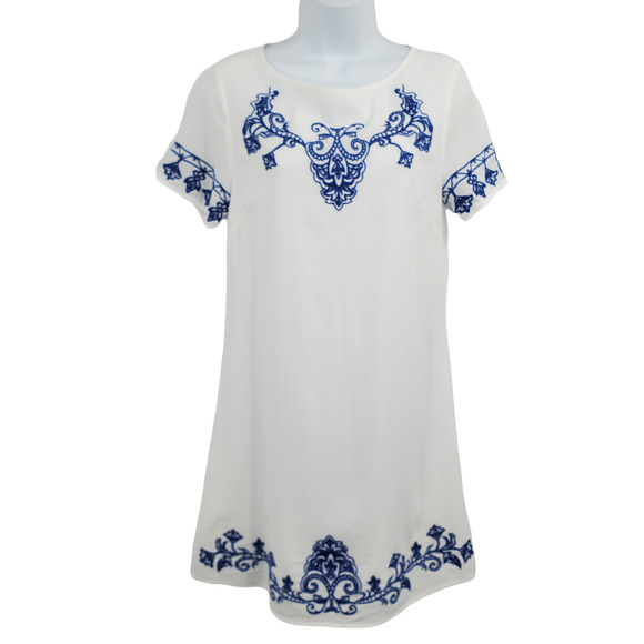 blue and white embroidered shift dress Inez Dress